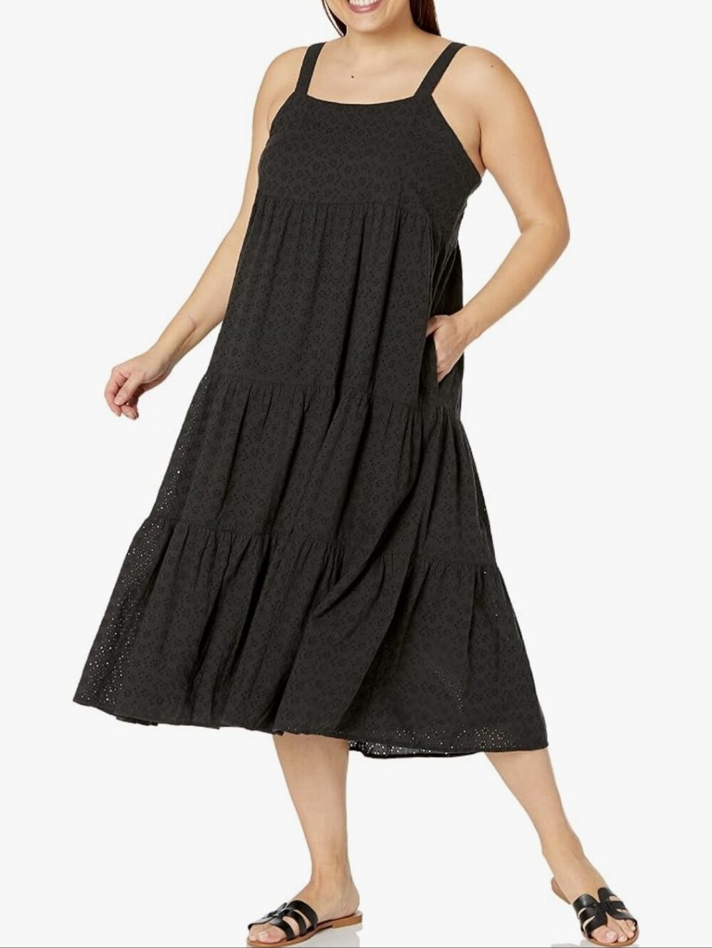 The Drop Britt Black Cotton Eyelet Tiered Midi Dress - Picture 3 of 12